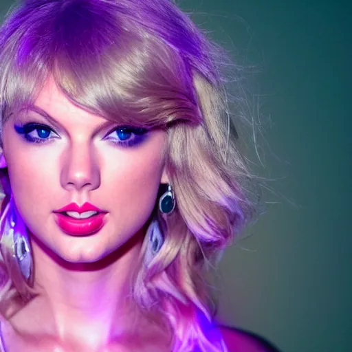 Image similar to closeup portrait of an ethereal Taylor swift made of purple light