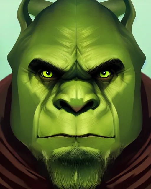 Image similar to « a portrait of a green orc chief, a character portrait by paul kelpe, reddit contest winner, sots art, ilya kuvshinov, 2 d art, parallax »