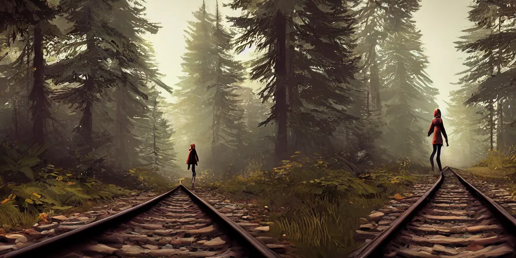 Prompt: an environmental concept art of life is strange, a girl walking on train tracks in the woods, highly detailed, environmental light, cinematic by francis tneh