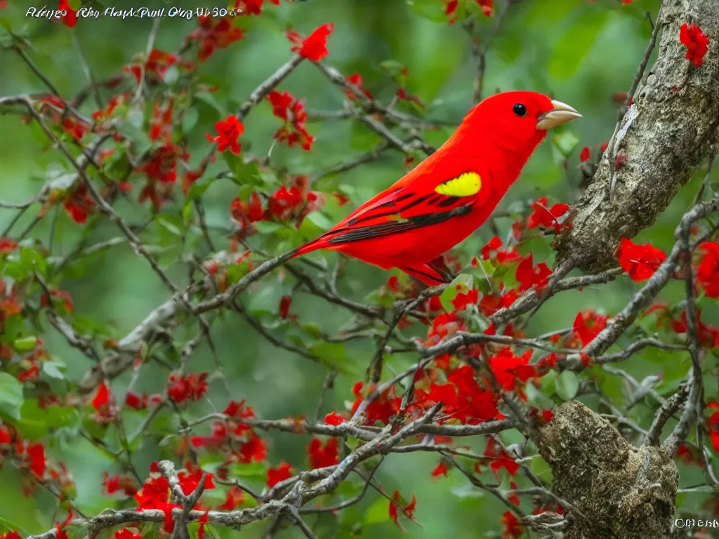 Prompt: A photograph of a Scarlet Tanager,red plumage,photograph .560mm,ISO400,F/9,1/320,Canon EOS 7D Mark II.