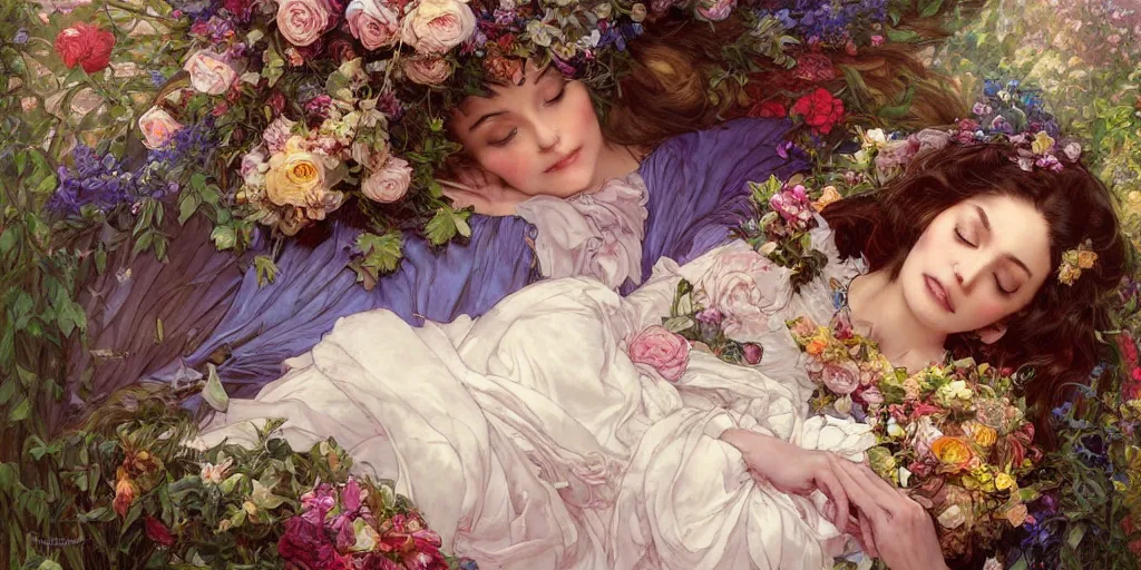 Image similar to mysterious sleeping beauty holding a large bouquet of flowing flowers, sleeping in an elaborate coffin, fantasy, regal, intricate, by stanley artgerm lau, greg rutkowski, thomas kindkade, alphonse mucha, loish, norman rockwell