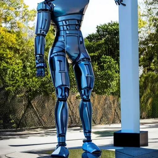 Image similar to a realistic detailed photo of a guy who is an attractive humanoid who is half robot and half humanoid, who is a male android, wrestler bo nickal, shiny skin, posing like a statue, blank stare, by the pool, on display, showing off his muscles, humanoid robot, frozen ice statue