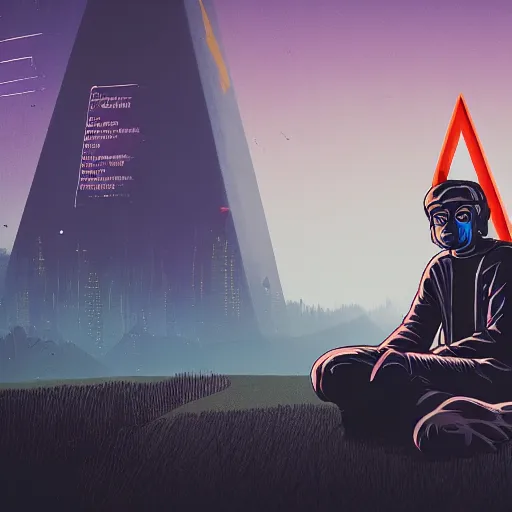 Prompt: in the style of max prentis and deathburger and laurie greasley a young explorer wearing a cyberpunk headpiece meditating next to a floating triangular glowing monolith, highly detailed, 8 k wallpaper