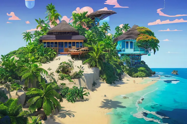 Image similar to a tropical beach cottage by paolo eleuteri serpieri and tomer hanuka and chesley bonestell and daniel merriam and tomokazu matsuyama and makoto shinkai, clearly defined outlines, unreal engine, high resolution render, featured on artstation, octane, 8 k, highly intricate details, vivid colors