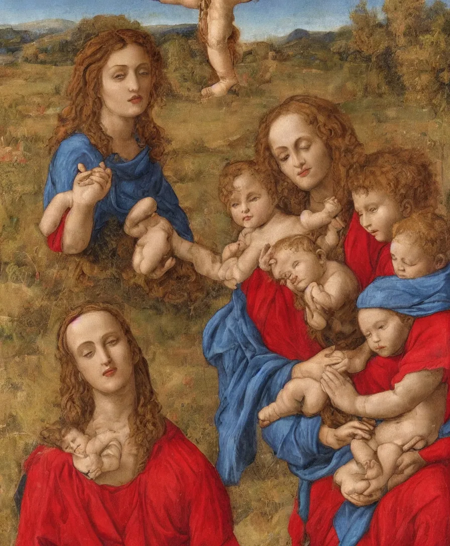 Image similar to Detailed Portrait of Madonna, curly red hair red shirt blue cloth, with infant Jesus, holding a thin cross and talking with another boy in front in the style of Raffael. They are sitting in a dried out meadow trees near Florence tuscany, red poppy in the field. The horizon is blue, there is a blue lake with a town and blue mountains. Flat perspective.