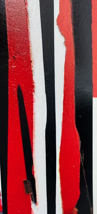 Prompt: canvas coated with red paint, black stripes, paint peeling on edges