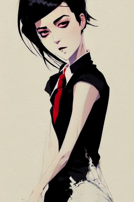 Image similar to a ultradetailed beautiful panting of a stylish woman wearing a shirt with a tie, she has black hair, by conrad roset, greg rutkowski and makoto shinkai, trending on artstation