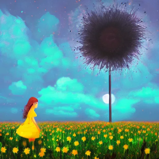 Image similar to giant daisy flower as a head, girl walking in flower field, surreal photography, night moon light, dramatic, impressionist painting, clouds, digital painting, artstation, simon stalenhag