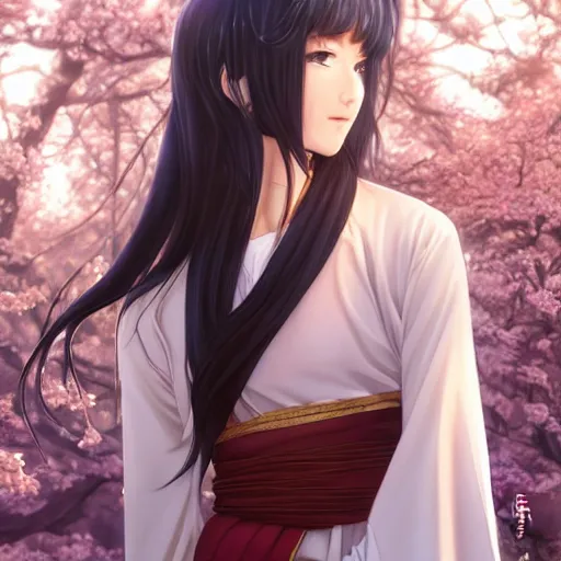 Prompt: a young beautiful prince, golden eyes, long black hair, white hanfu, elegant, intricate, backlit, incredible lighting, strong rim light, subsurface scattering, photorealistic anime, epic beautiful landscape, cherry trees, highly detailed, digital painting, by Heise Jinyao, Heise-Lian Yan Fang, Feimo, Rossdraws, Sakimichan HDRI, vivid colors, high contrast, trending on artstation 8k