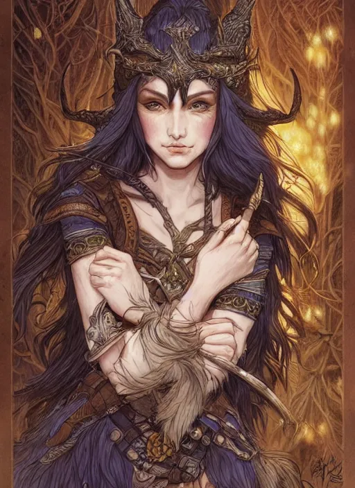 Prompt: portrait of a alluring huntress elf in pelt armor, furaccessories, face details, brunette hair, ponytail, dark skin, blue eyes, dark fantasy, sharp focus, award - winning, masterpiece, highly detailed, intricate, by rebecca guay, rossdraws, tarot card border