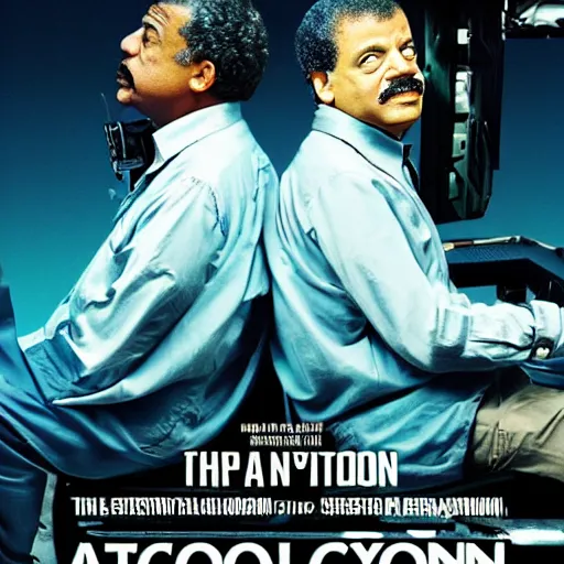 Prompt: iconic poster of an action movie starring neil degrasse tyson and stephen hawking