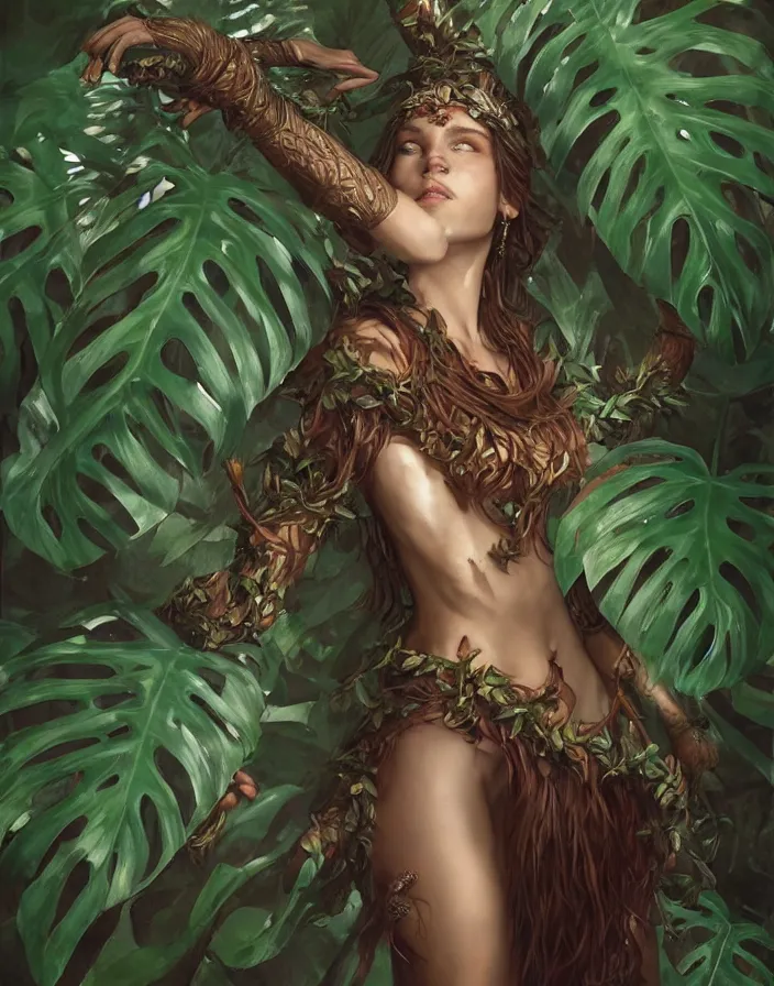 Image similar to a woman tree druid with monstera leaf clothing, fully clothed, two arms, realistic pose, D&D, fantasy, intricate, cinematic lighting, highly detailed, digital painting, artstation, concept art, smooth, sharp focus, illustration, art by Justin Gerard