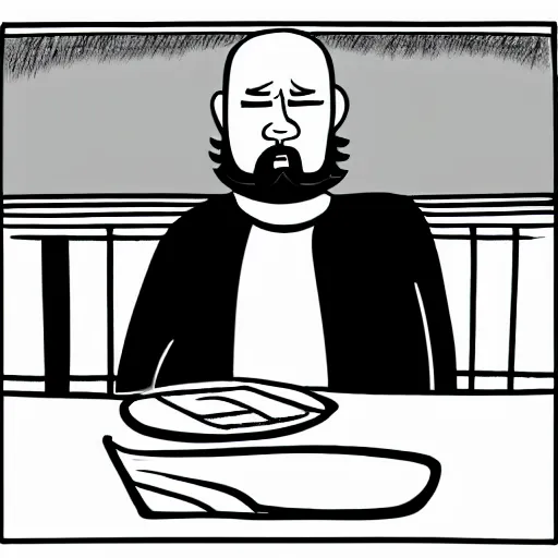 Prompt: sad man forty years old with a beard sitting at a coffee table, black and white, graphic novel