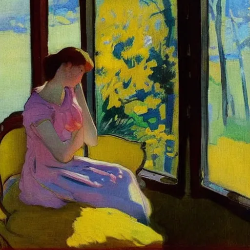 Prompt: a girl in a pink dress with folded hands with peaches and iphones sits at a table in a sunny room and looks at the camera, the window is open, there is a yellow forest outside the window, by valentin serov