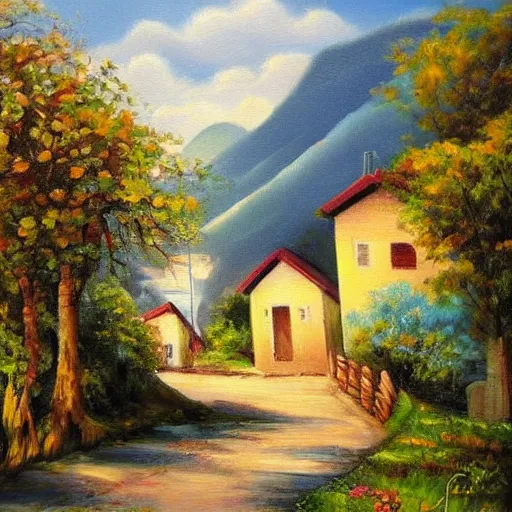 Prompt: A beautiful painting of a village in the mountains, artwork