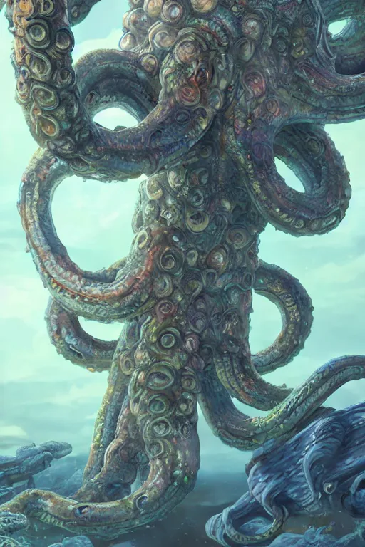 Prompt: giant ancient alien tentacles artwork by akira toriyama, pastel colors, detailed background, extremely detailed, octane rendering, sharp focus, volumetric light, particles, unreal engine 5, rtx