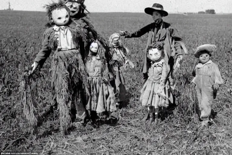 Image similar to disturbing scarecrow from the early 1 9 0 0's leading children into the cornfields