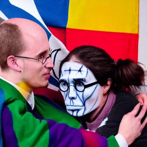 Image similar to harry potter hugs voldemort pride flag in background