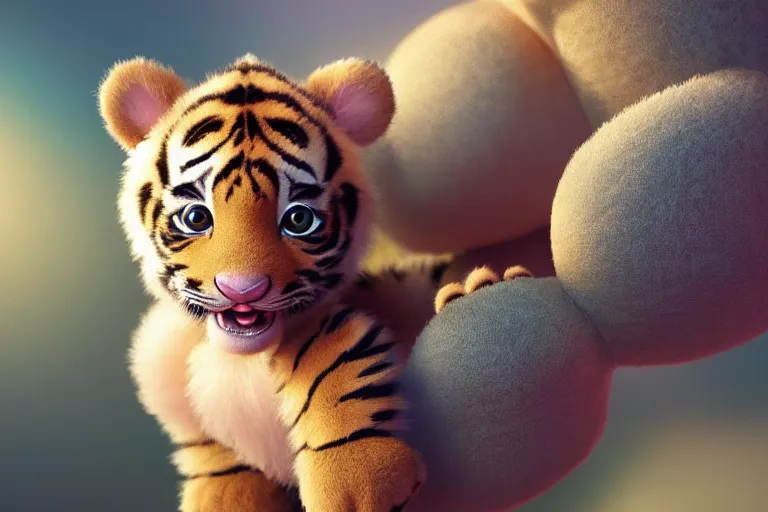 Image similar to a cute baby tiger cub, soft fur texture, pastel colours, colorful, glitter crystal, cute, pixar animation style, detailed, soft light, octane render, 4 k