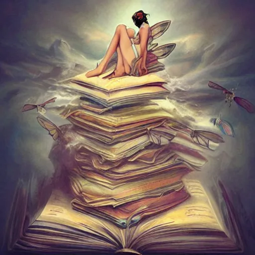 Prompt: Mountain made of books with a fairy on top of it by Artgerm by Mark Arian