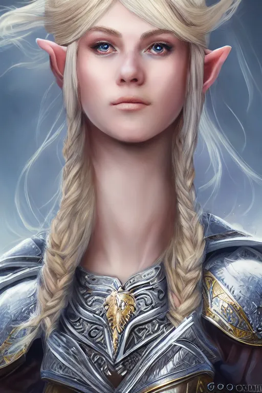 Prompt: highly detailed full body portrait painting of a proud young female elven knight in the style of Warhammer Fantasy by Artgerm and Arian Mark, medium length blonde hair, blue eyes, sapphire earrings, no helmet, low angle shot, highly detailed, trending on artstation, cgsociety, 4k, 8k, HDR, octane render, unreal engine