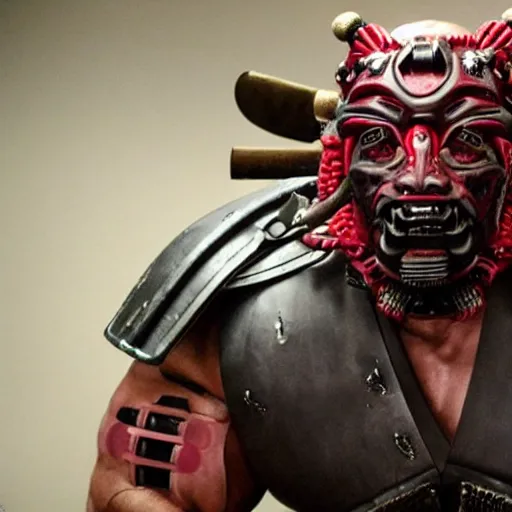 Image similar to fierce big muscular samurai wearing a cybernetic oni mask, movie still