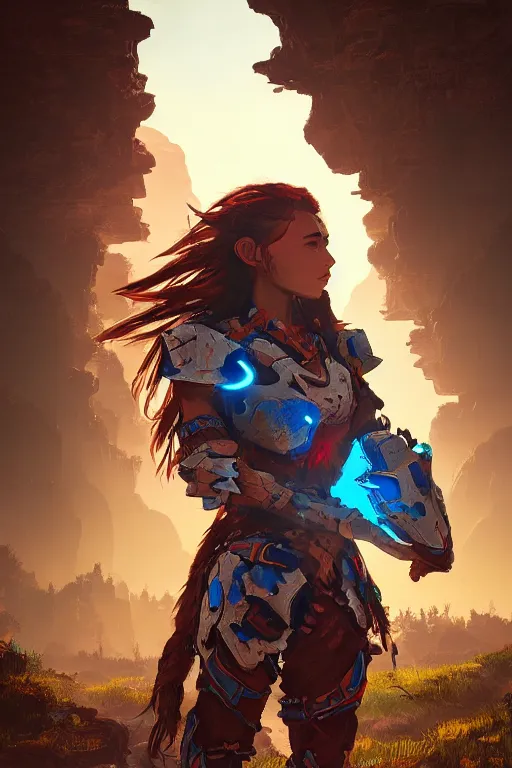 Image similar to combination suit armor aloy horizon forbidden west horizon zero dawn radiating a glowing aura global illumination ray tracing hdr fanart arstation by ian pesty and alena aenami artworks in 4 k tribal robot ninja mask helmet backpack