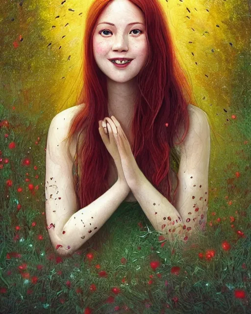 Image similar to infp girl, smiling, amazed by the lights of golden fireflies, sitting in the midst of nature fully covered, long loose red hair, intricate linework, dreamy green eyes, small nose with freckles, oval shape face, realistic, expressive emotions, dramatic lights, spiritual scene, hyper realistic ultrafine digital art by james jean and albert bierstadt and artgerm