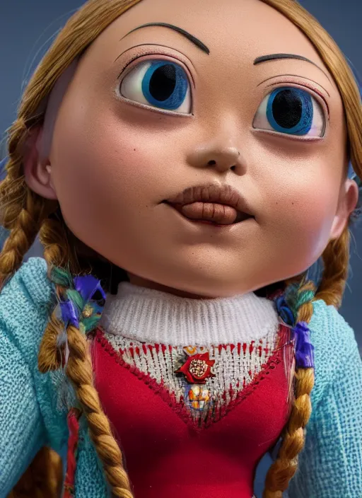 Image similar to closeup portrait of a tin toy greta thunberg, depth of field, zeiss lens, detailed, symmetrical, centered, fashion photoshoot, by nicoletta ceccoli, mark ryden, lostfish, earl nore, hyung tae, frank frazetta, breathtaking, 8 k resolution, extremely detailed, beautiful, establishing shot, artistic, hyperrealistic, octane render