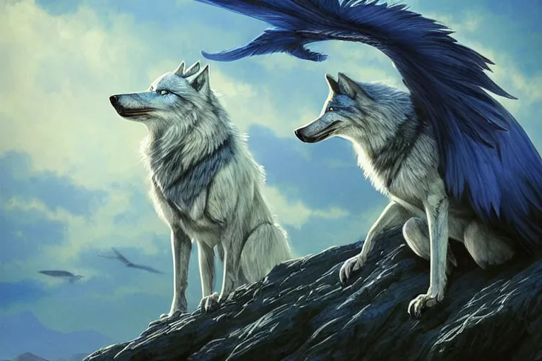 Image similar to Blue feathered wolf with wings on a beautiful fantasy landscape, hills, mountains, moonlit, HD, illustration, epic, D&D, fantasy, intricate, elegant, highly detailed, digital painting, artstation, concept art, smooth, sharp focus, illustration, wallpaper, art by artgerm and greg rutkowski and alphonse mucha and jin xiaodi