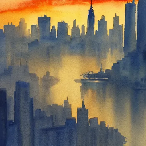 Image similar to new york at sunrise. watercolor. trending on artstation.