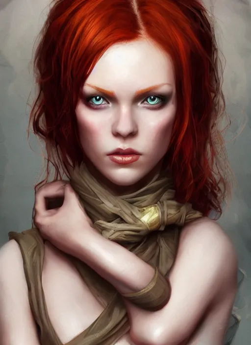 Image similar to Beautiful redhead girl which chest wrapped in bandages, portrait, fantasy, medieval, vivid colors, fantasy, elegant, concept art, sharp focus, beautiful face, digital art, Hyper-realistic, 4K, Unreal Engine, Highly Detailed, HD, Dramatic Lighting by Brom, trending on Artstation