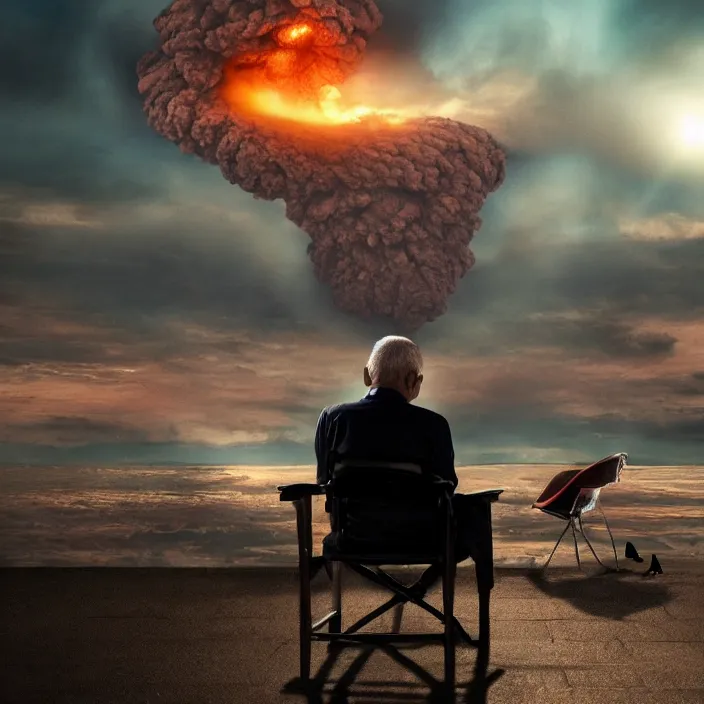 Image similar to cinematic movie, background blur bokeh, old man sitting in chair with black cat watching nuke explosion, world ending nuke, 4 k