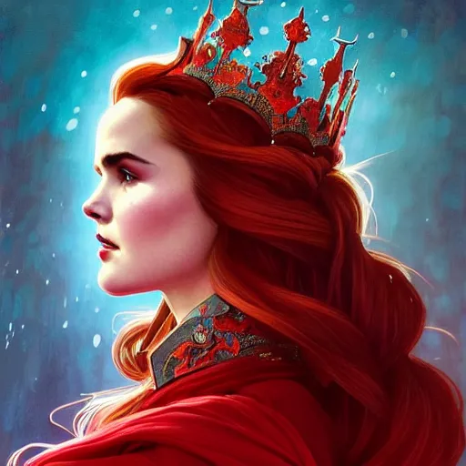 Image similar to beautiful Zoey Deutch as The Red Queen, Blodreina, sci-fi, closeup, D&D, fantasy, intricate, elegant, highly detailed, digital painting, artstation, concept art, matte, sharp focus, illustration, art by Artgerm and Greg Rutkowski and Alphonse Mucha