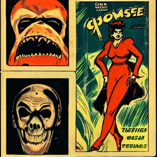 Image similar to vintage horror comic book covers depicting ghosts,