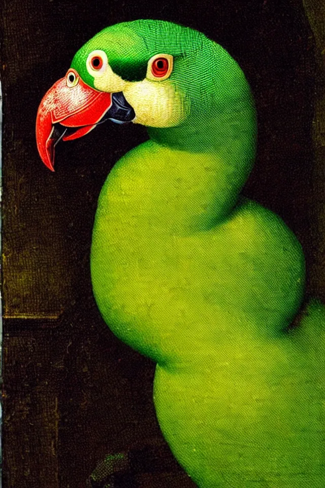 Prompt: a renaissance close up portrait of a green duck parrot as a ninja turtle, centered, triumphant, beautiful intricate painting