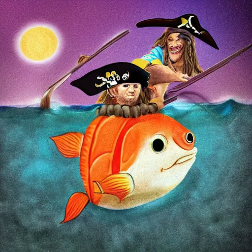 Image similar to a pirate riding a giant goldfish, high quality photo