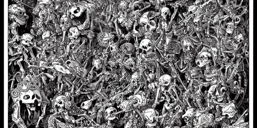 Image similar to ”skeleton army marching and dancing left to right carrying caged angels, [sideview wide angle, intricate and ornate, art by Joe Fenton]”