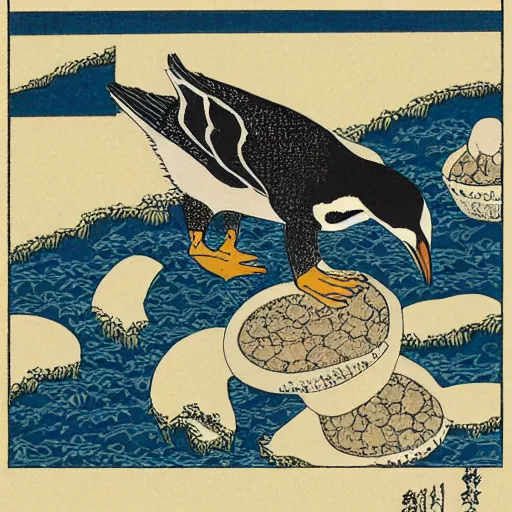 Image similar to penguin meme hokusai style with text royal road pwns j 0 0