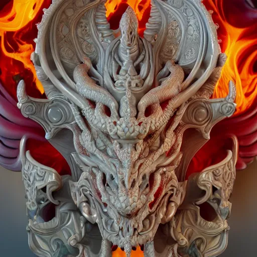 Prompt: a closeup photo, rococo alabaster and ruby real delicate ceramic porcelain sculpture of an ornate detailed dragon god in front of an intricate background by rafael, micro detail, backlit lighting, subsurface scattering, translucent, thin porcelain, fire, flames, amber, octane renderer, colorful, physically based rendering, trending on cgsociety