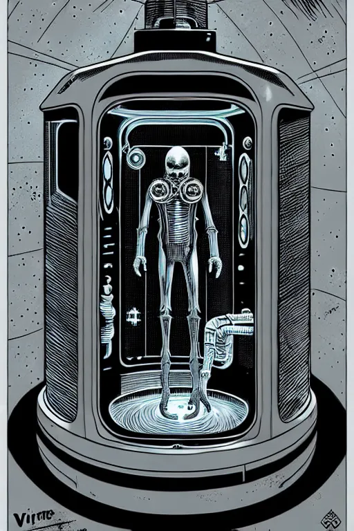 Image similar to steampunk cryo chamber containing an grey alien, high details, intricately detailed, by vincent di fate, inking, 3 color screen print, masterpiece, trending on artstation,, sharp, details, hyper - detailed, hd, 4 k, 8 k