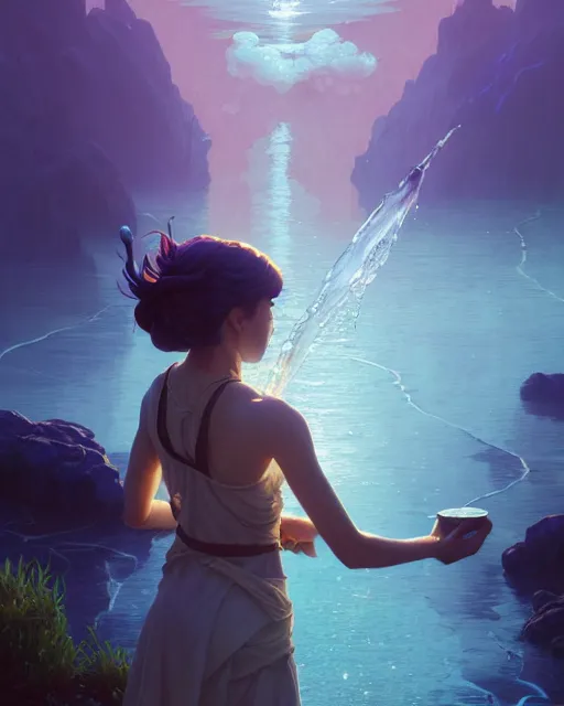 Image similar to highly detailed vfx portrait of a mage casting a water spell, unreal engine, greg rutkowski, loish, rhads, beeple, makoto shinkai and lois van baarle, ilya kuvshinov, rossdraws, tom bagshaw, alphonse mucha, global illumination, detailed and intricate environment