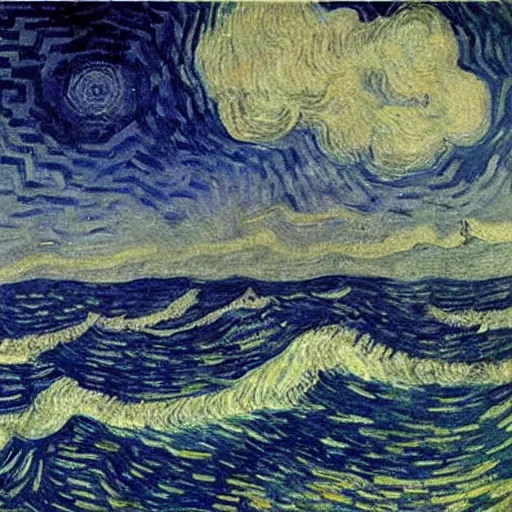 Prompt: Tom Cruise head over water at sea by Van Gogh