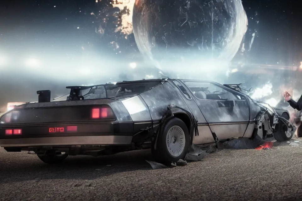 Prompt: ultra realistic delorean dmc 5 and trueno ae 8 6 drift on road wreckage orbiting earth in space, dark cinematic, volumetric, realistic, 3 d render, realistic render, cinematic lighting, volumetric lighting, atmospheric, cinematic, unreal engine 5, unreal engine render, octane render, hd, photorealism, hyper realistic, 8 k