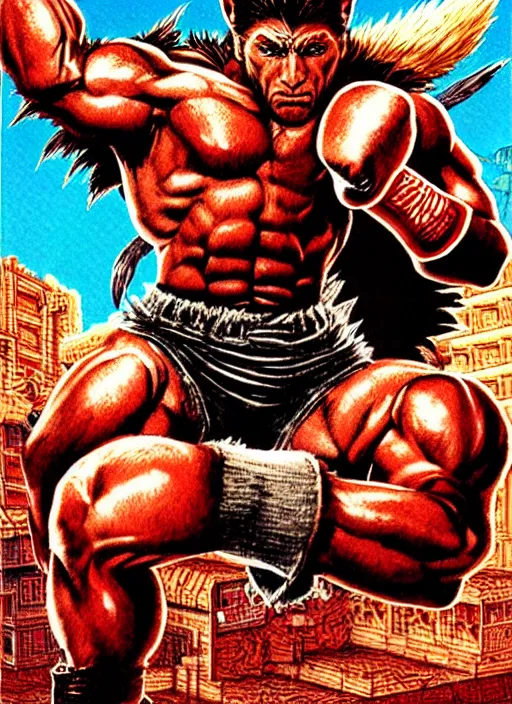 Image similar to extreme long shot. 8 bit nes graphics. antropomorphic muscular masculine wolf. kickboxer fighter, in shorts. wolf head. fine details, very sharp, art from nes game cartridge, marc simonetti and hermann nitsch