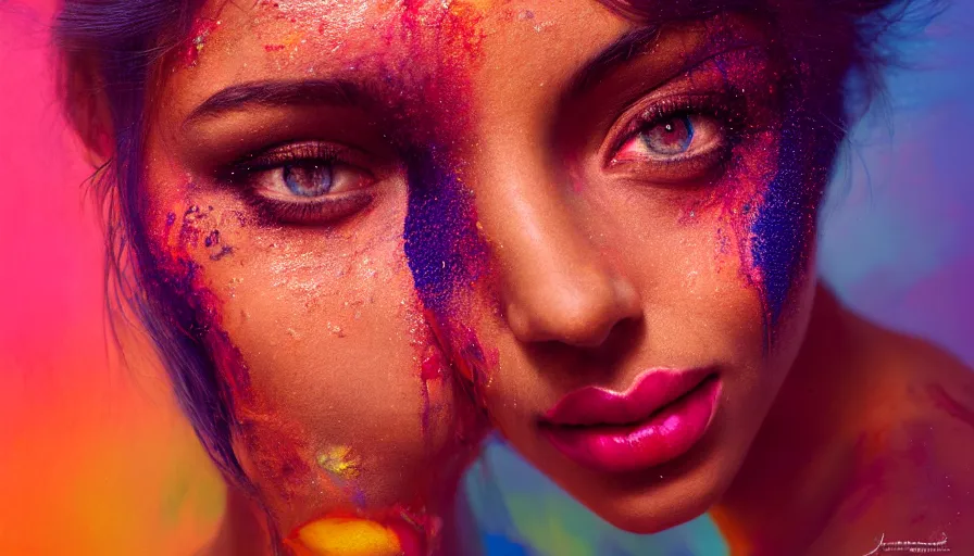 Image similar to very beautiful woman, face submerged in colorful oils, brown skin, realism, extreme detail, real life, key art, soft light, volumetric light, 3 - d shadows, photo by james jean and wlop, photoshoot