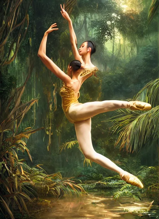 Image similar to stunningly beautiful, asian prima ballerina in jungle, golden hour, smooth, focus, highly detailed, hyper realistic, dramatic lighting, elegant, intricate, concept art, art by wlop, mars ravelo, greg rutowski