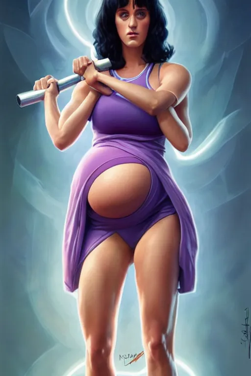 Image similar to pregnant katy perry in workout clothes, realistic portrait, symmetrical, highly detailed, digital painting, artstation, concept art, smooth, sharp focus, illustration, cinematic lighting, art by artgerm and greg rutkowski and alphonse mucha