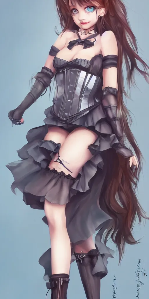 Image similar to photo of cute beautiful 18 year old girl in skirt, thigh highs and corset, full-length digital art, character design, trending on artstation,