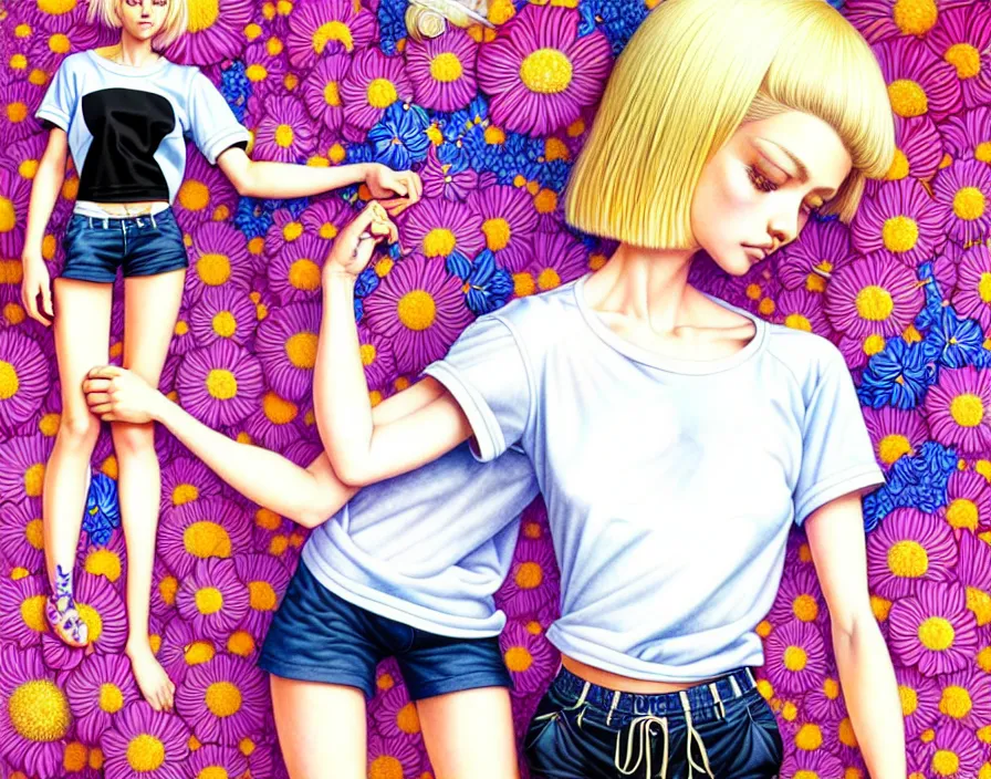 Image similar to richly detailed colored pencil 3D illustration of a beautiful French woman with short bleached blonde hair wearing a long Tshirt and black shorts that is sewing thread drawings of flowers into her thigh. mirrored background with completely rendered reflections, art by Range Murata and Artgerm.